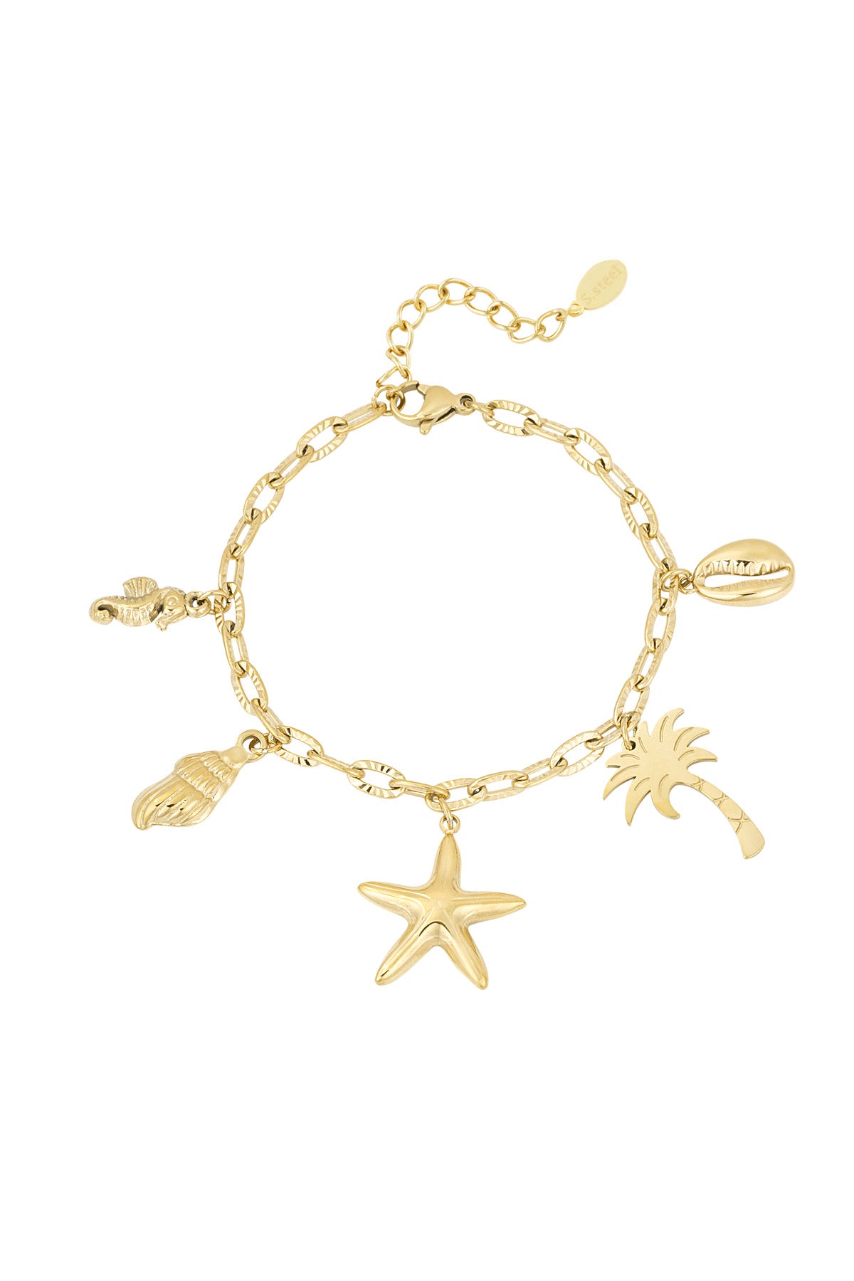 Gold beach charm bracelet with starfish, palm tree, seashell, seahorse and cowrie shell charms on textured link chain