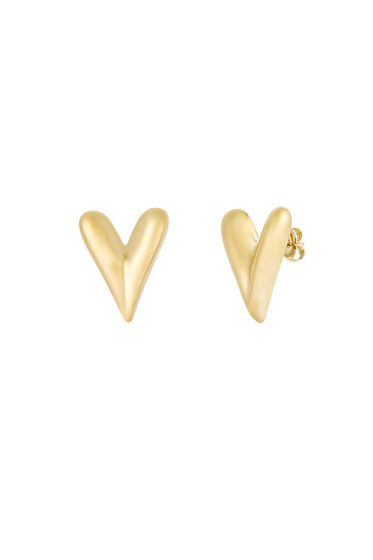 Gold-tone heart-shaped stud earrings with a smooth, curved design on white background