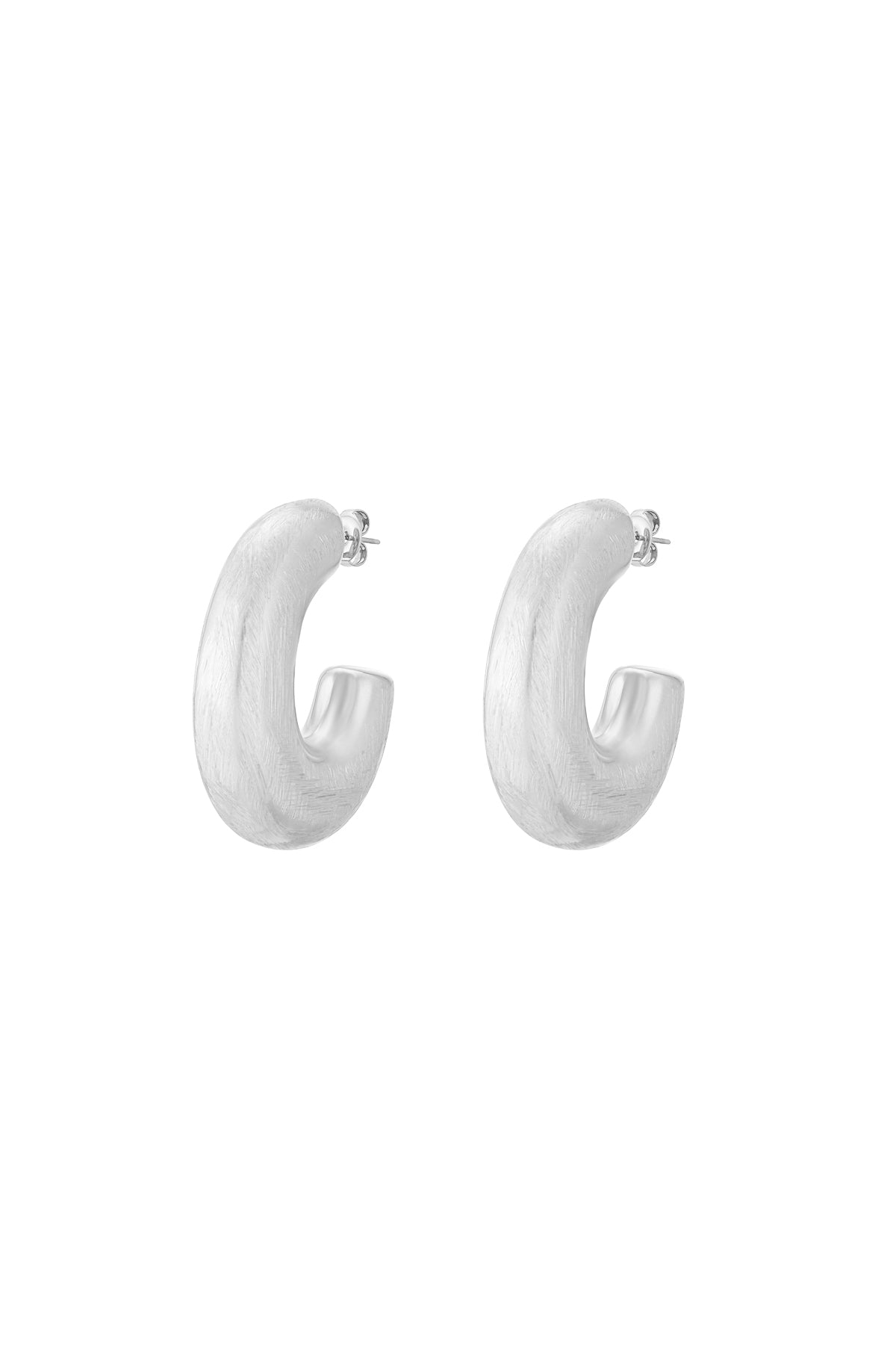 Cloud Nine silver-tone brushed metal chunky hoop earrings with a thick, C-shaped design on a white background.