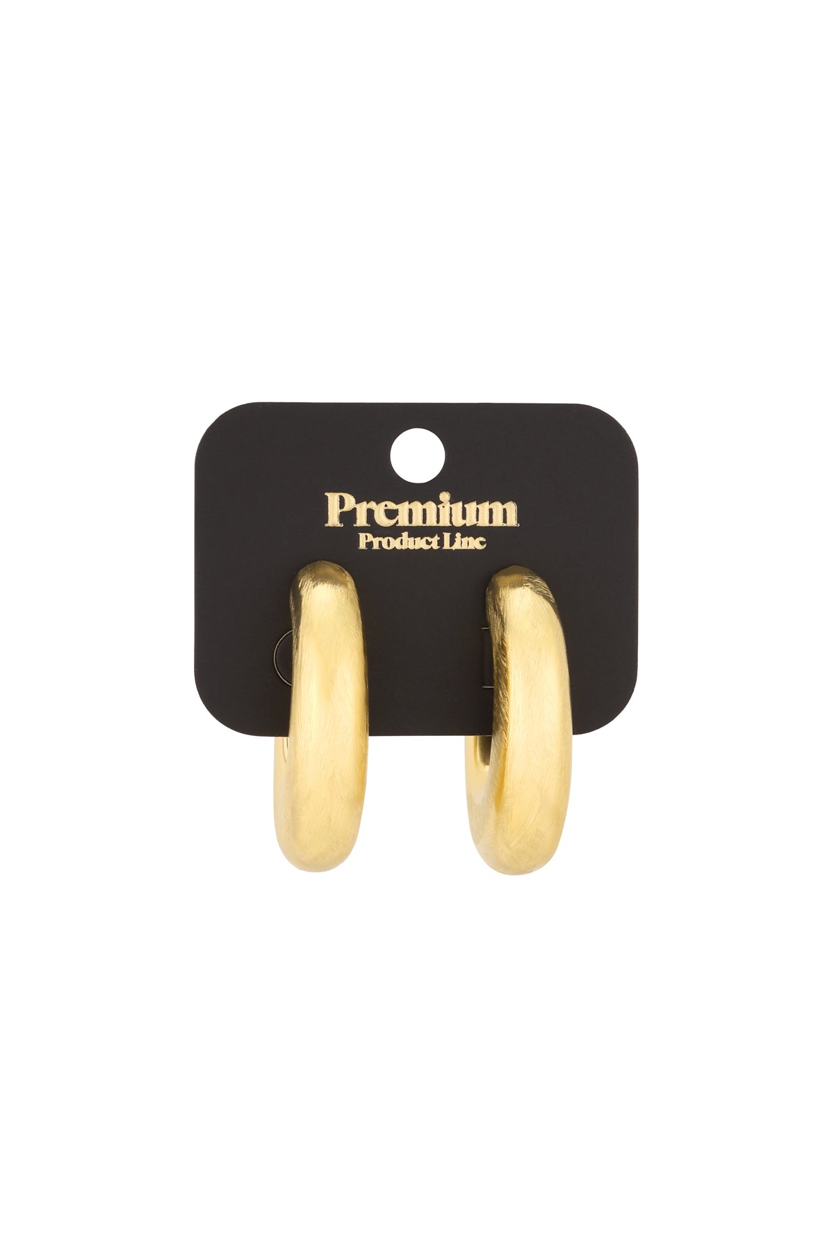 Chunky gold hoop earrings displayed on black Premium Product Line card backing