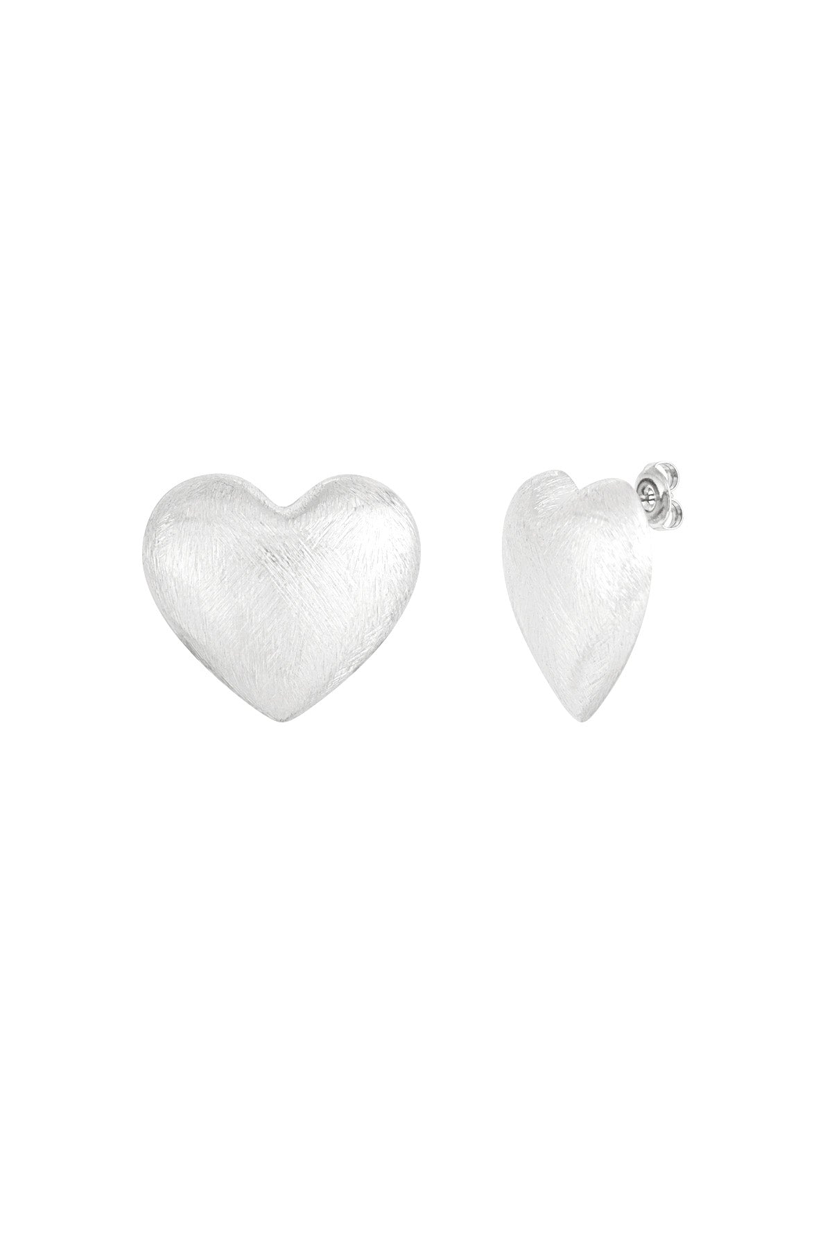 Pair of brushed silver-tone heart-shaped stud earrings shown from front and side angles