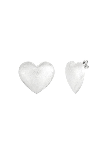 Pair of brushed silver-tone heart-shaped stud earrings shown from front and side angles