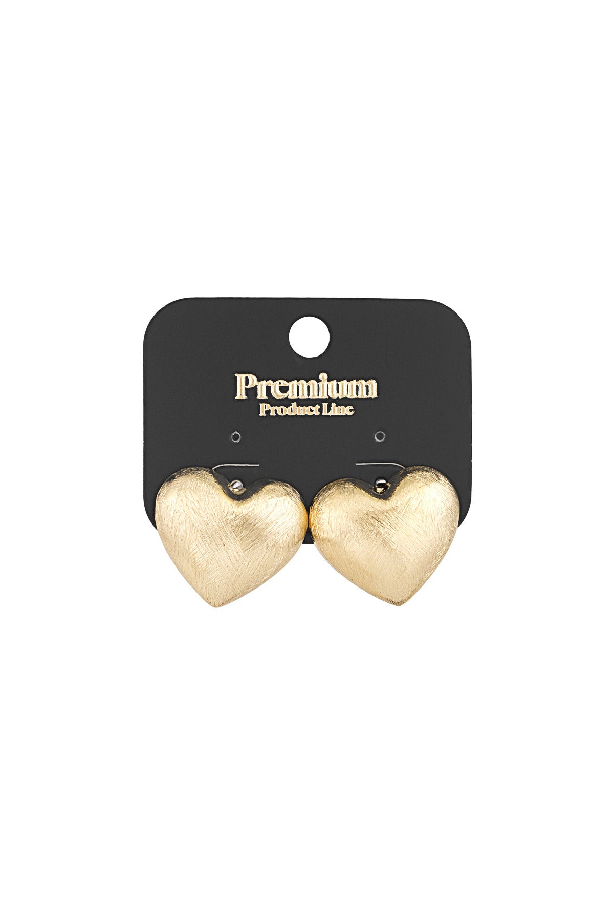 Brushed gold heart stud earrings displayed on a black Premium Product Line card