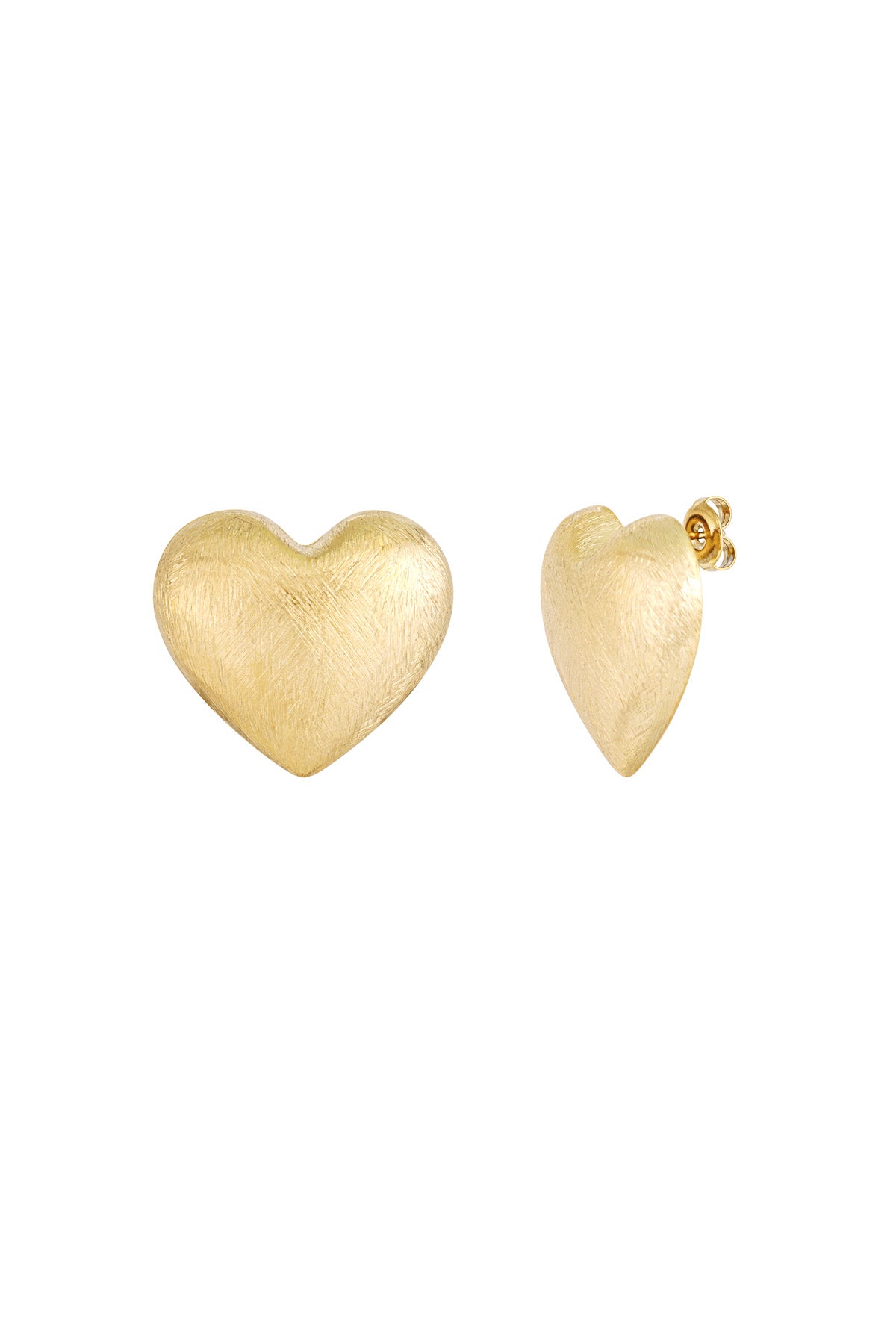 Pair of brushed gold-tone heart-shaped stud earrings shown from front and side angles