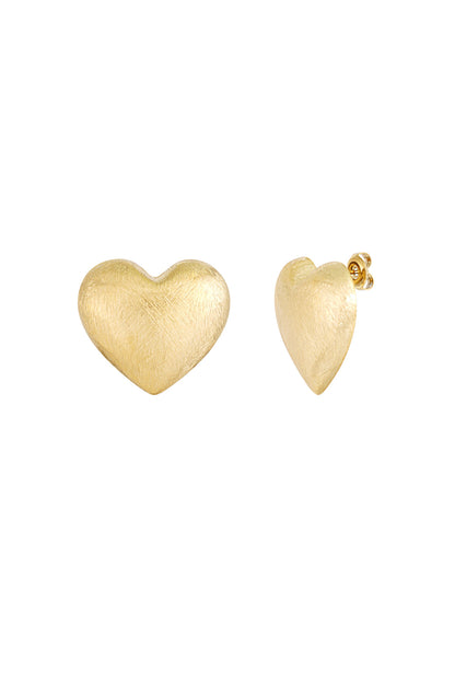 Pair of brushed gold-tone heart-shaped stud earrings shown from front and side angles