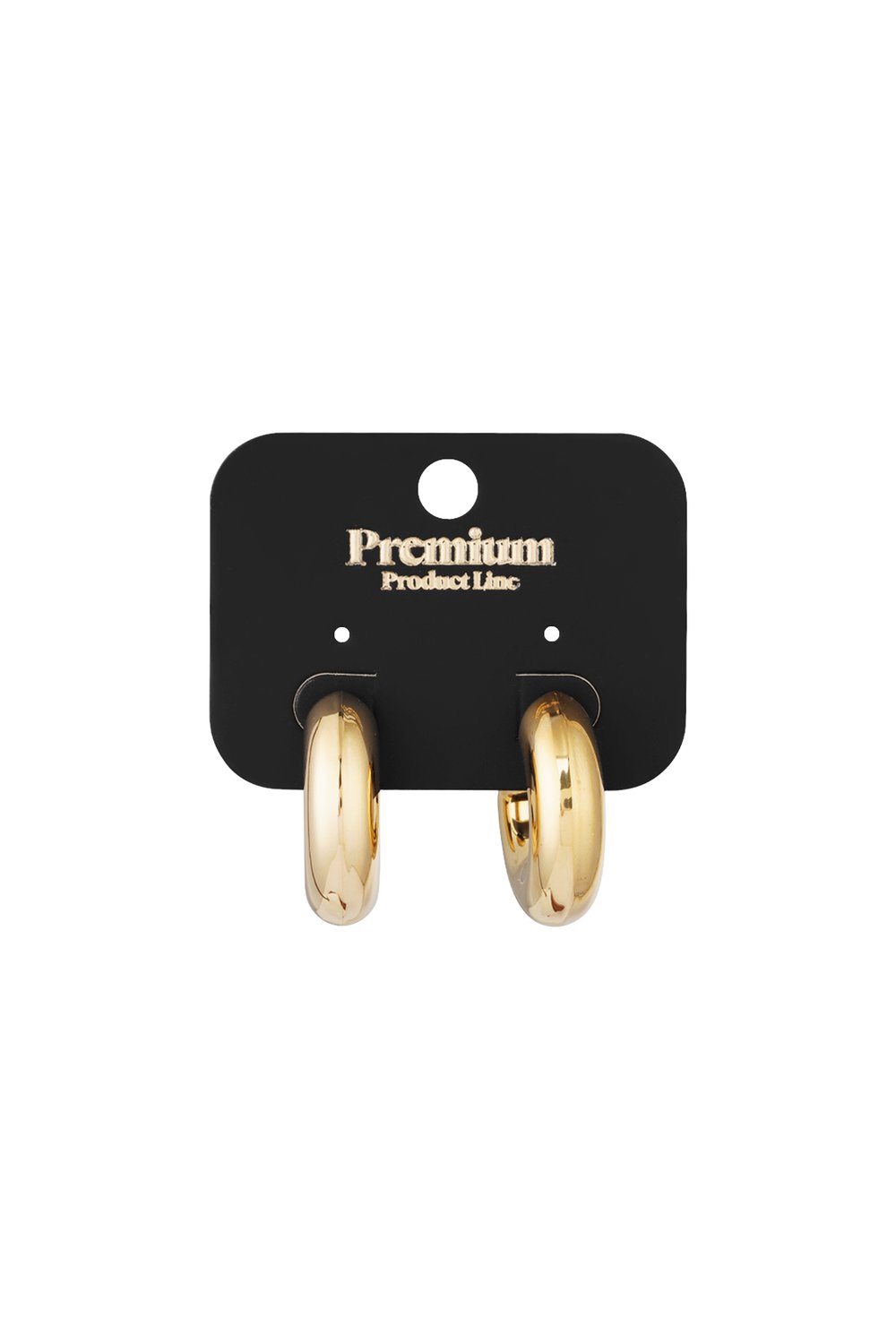 Liquid Gold Wave Hoops: Pair of thick, polished gold-tone chunky hoop earrings on a black display card.