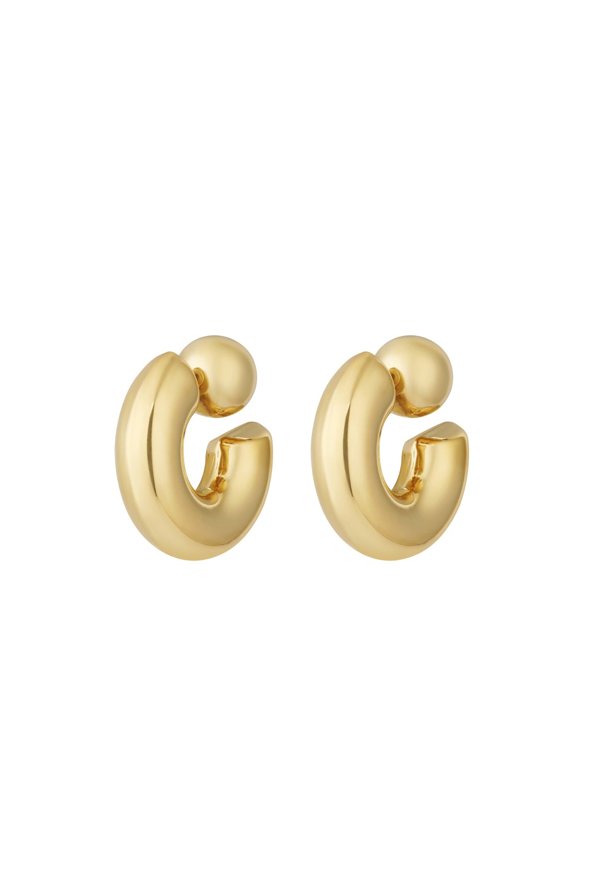 Pair of chunky gold hoop earrings with a thick, rounded design on white background