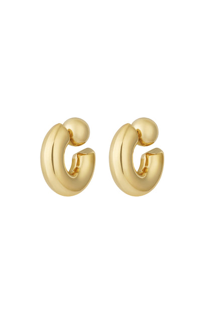 Pair of chunky gold hoop earrings with a thick, rounded design on white background