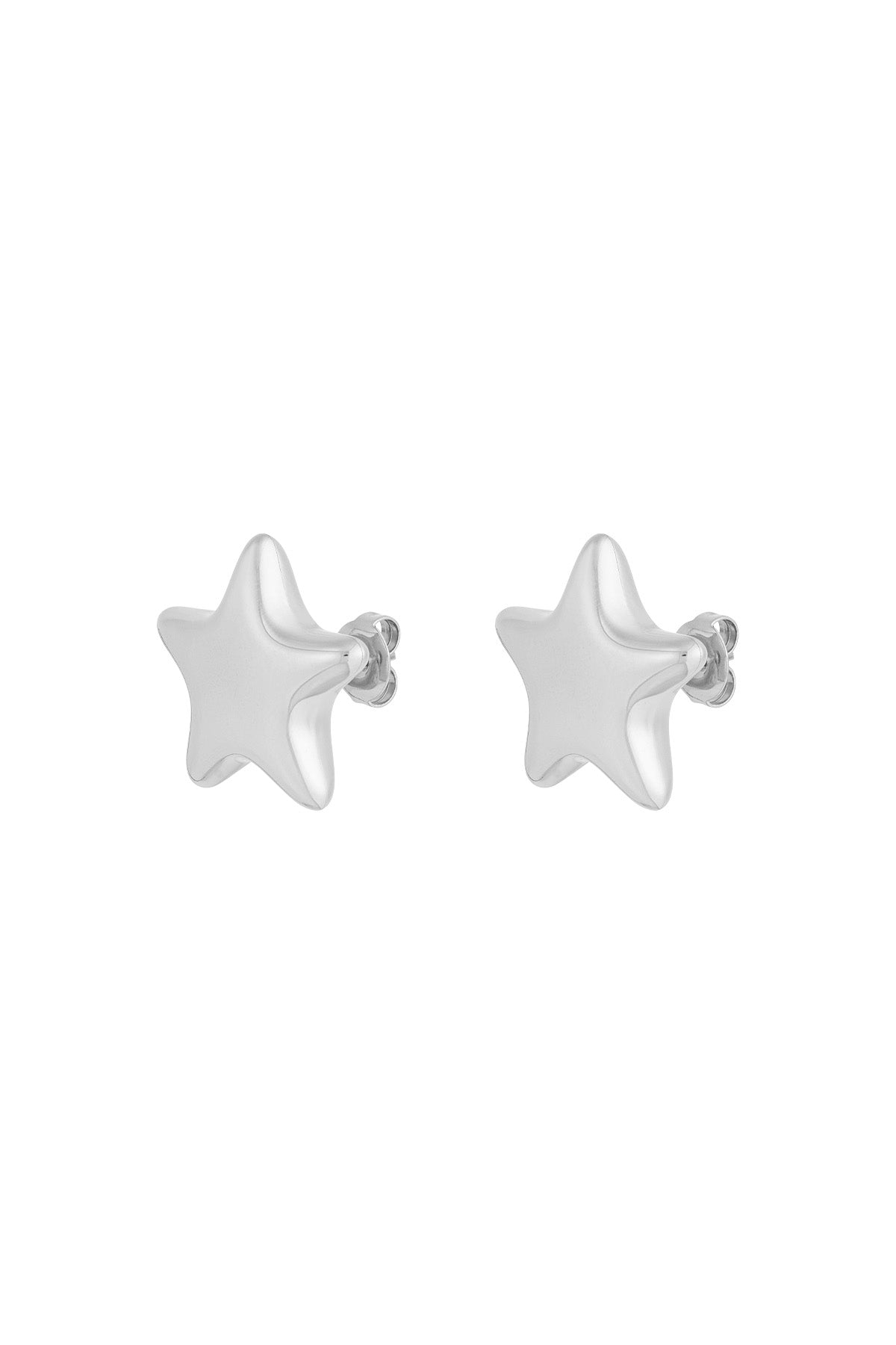 Close-up of silver star-shaped stud earrings with butterfly backs on a white background