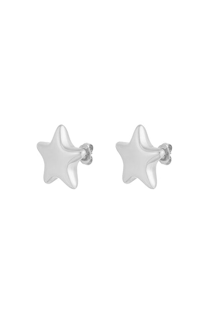 Close-up of silver star-shaped stud earrings with butterfly backs on a white background