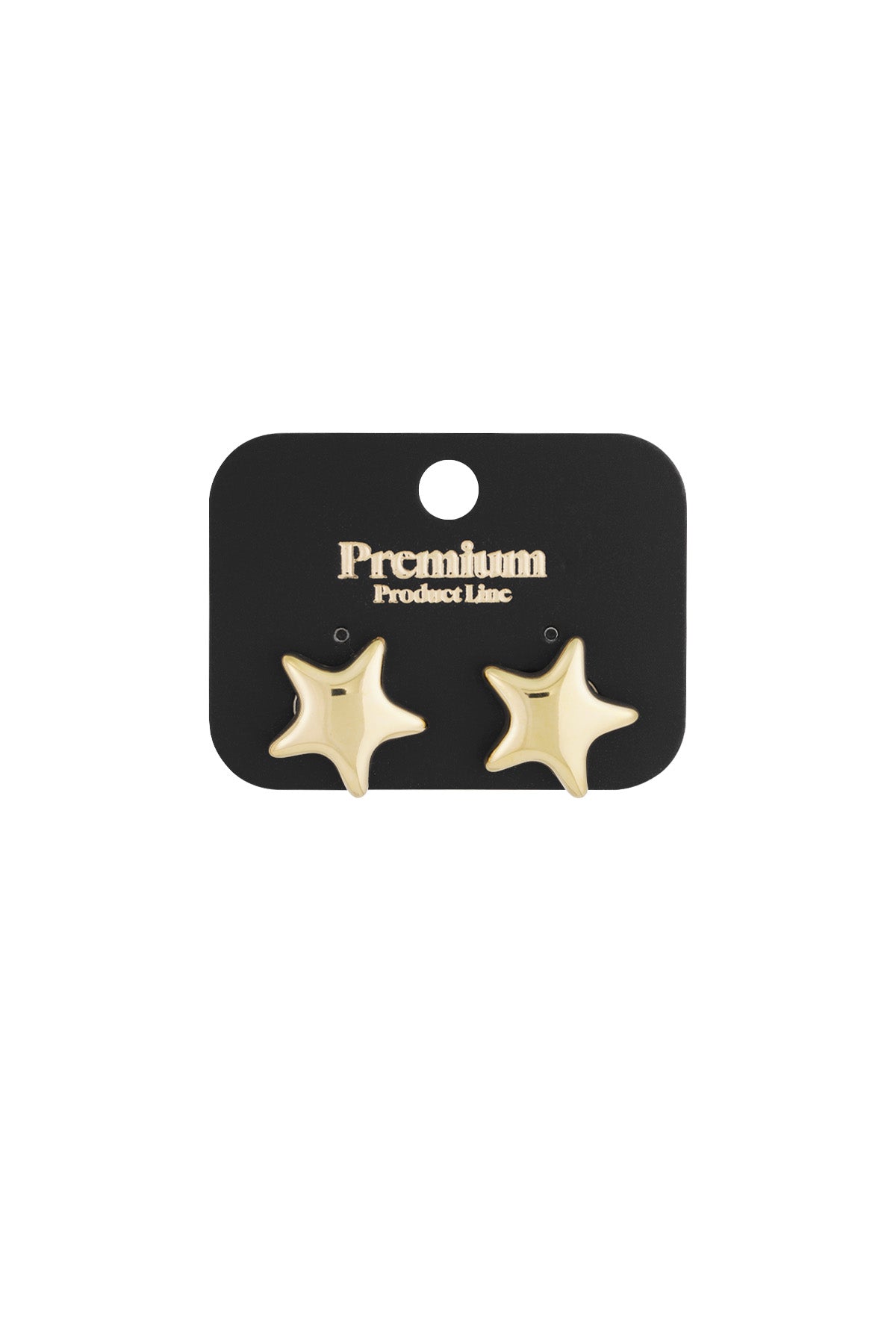 Pair of gold star-shaped stud earrings displayed on a black card labeled Premium Product Line