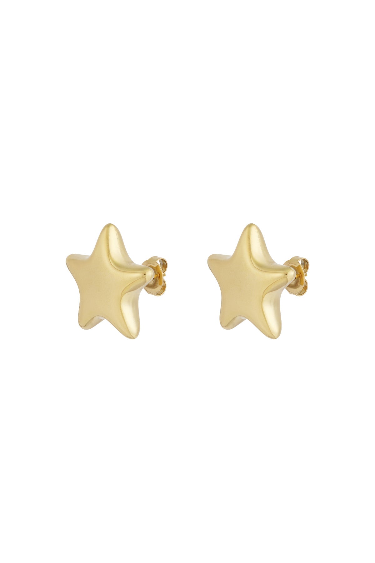 Close-up of gold star-shaped stud earrings with butterfly backs on a white background