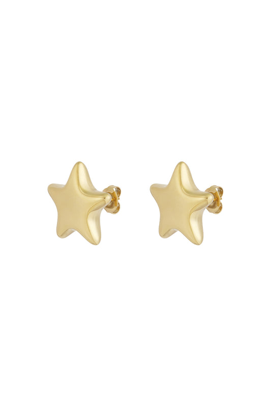 Close-up of gold star-shaped stud earrings with butterfly backs on a white background