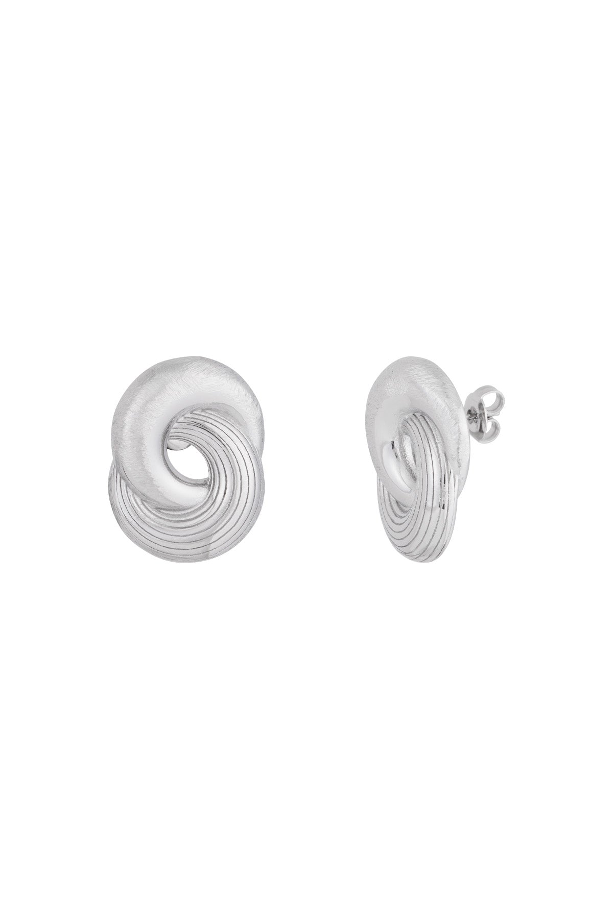 Pair of silver twist statement stud earrings with smooth and grooved texture shown from front and side
