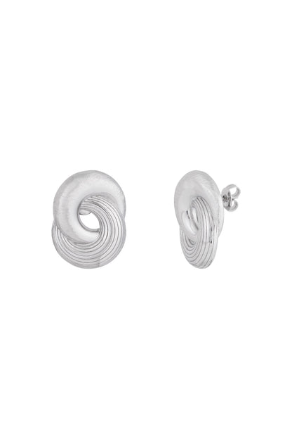 Pair of silver twist statement stud earrings with smooth and grooved texture shown from front and side