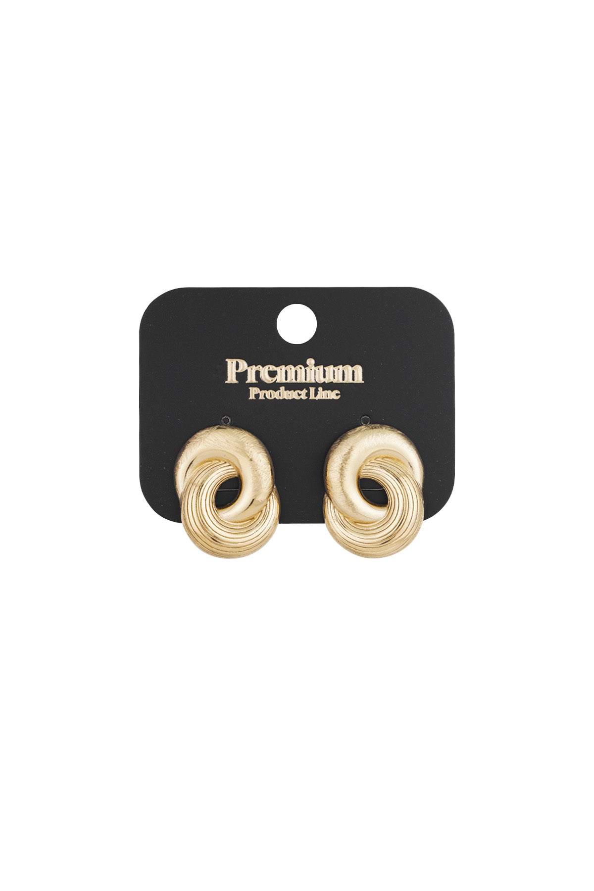 Gold twist statement stud earrings displayed on black premium product card packaging