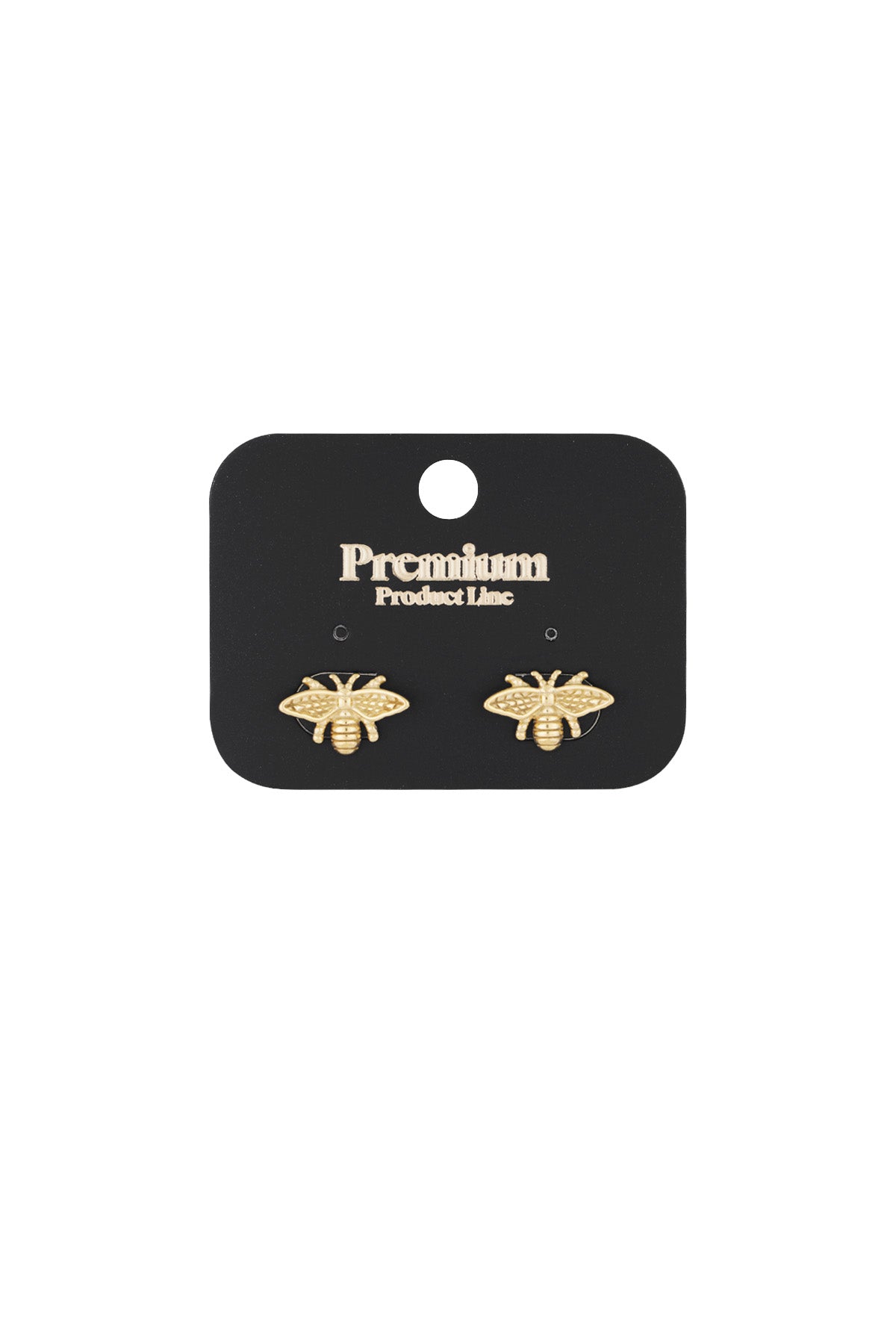 Pair of gold bee stud earrings mounted on black card labeled 'Premium Product Line'
