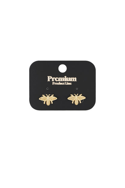 Pair of gold bee stud earrings mounted on black card labeled 'Premium Product Line'