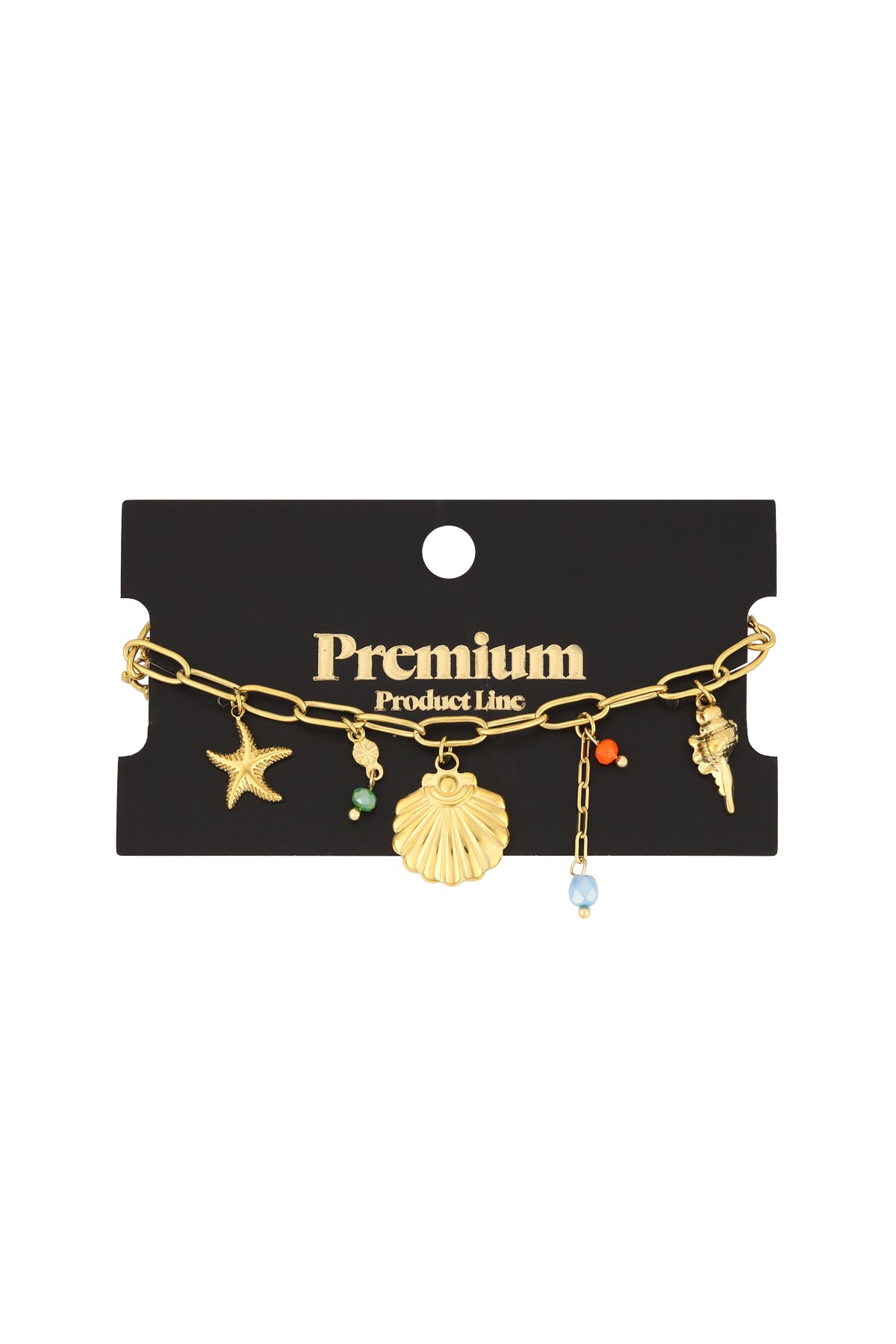 Golden charm bracelet displayed on black premium product line card with seaside themed charms and beads