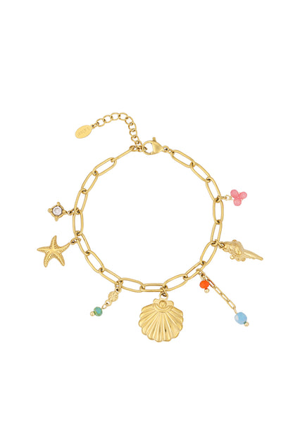 Golden charm bracelet with starfish, scallop, conch shell charms and colourful beads on gold chain links