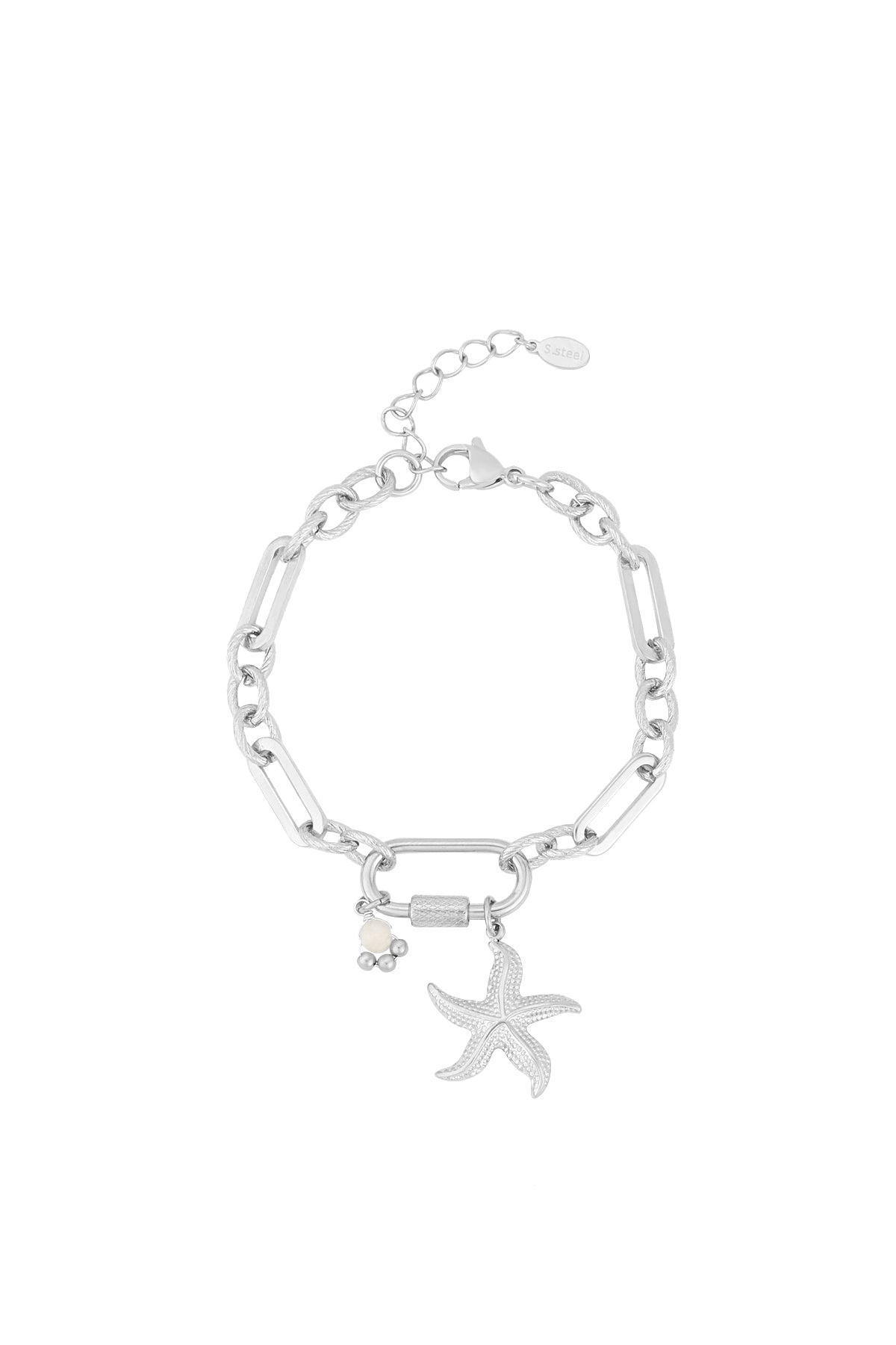 Silver starfish charm bracelet with textured and elongated links on white background