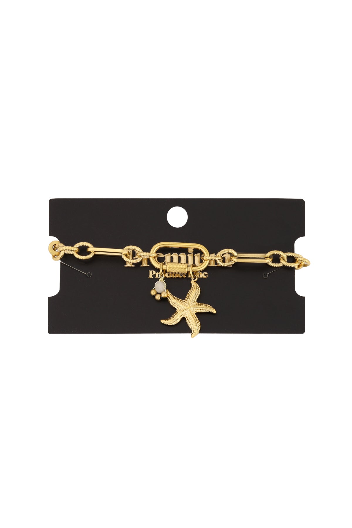 Silver starfish charm bracelet isolated on white background with alternating chain links