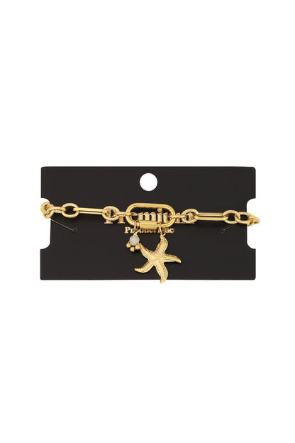 Silver starfish charm bracelet isolated on white background with alternating chain links