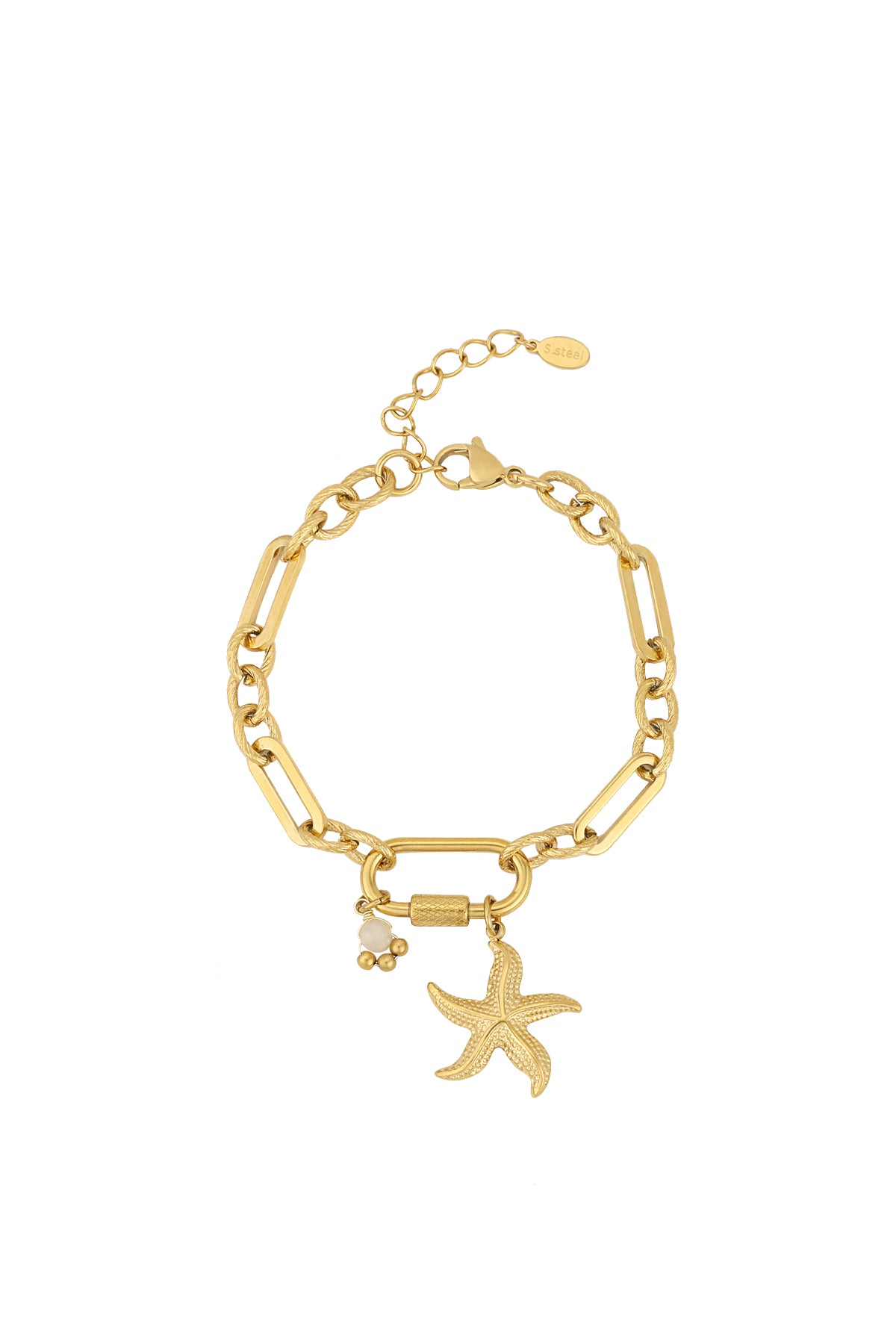 Gold starfish charm bracelet with textured and elongated chain links on white background