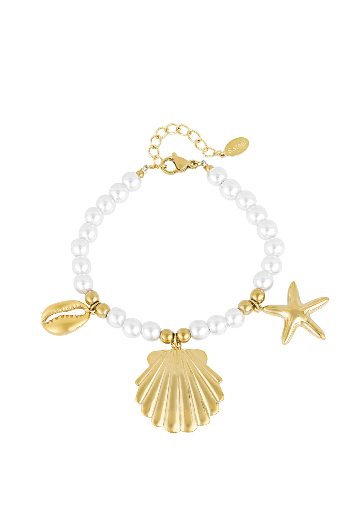 Close-up of a delicate pearl bracelet featuring gold-tone starfish, scallop shell, and cowrie shell charms on a white background