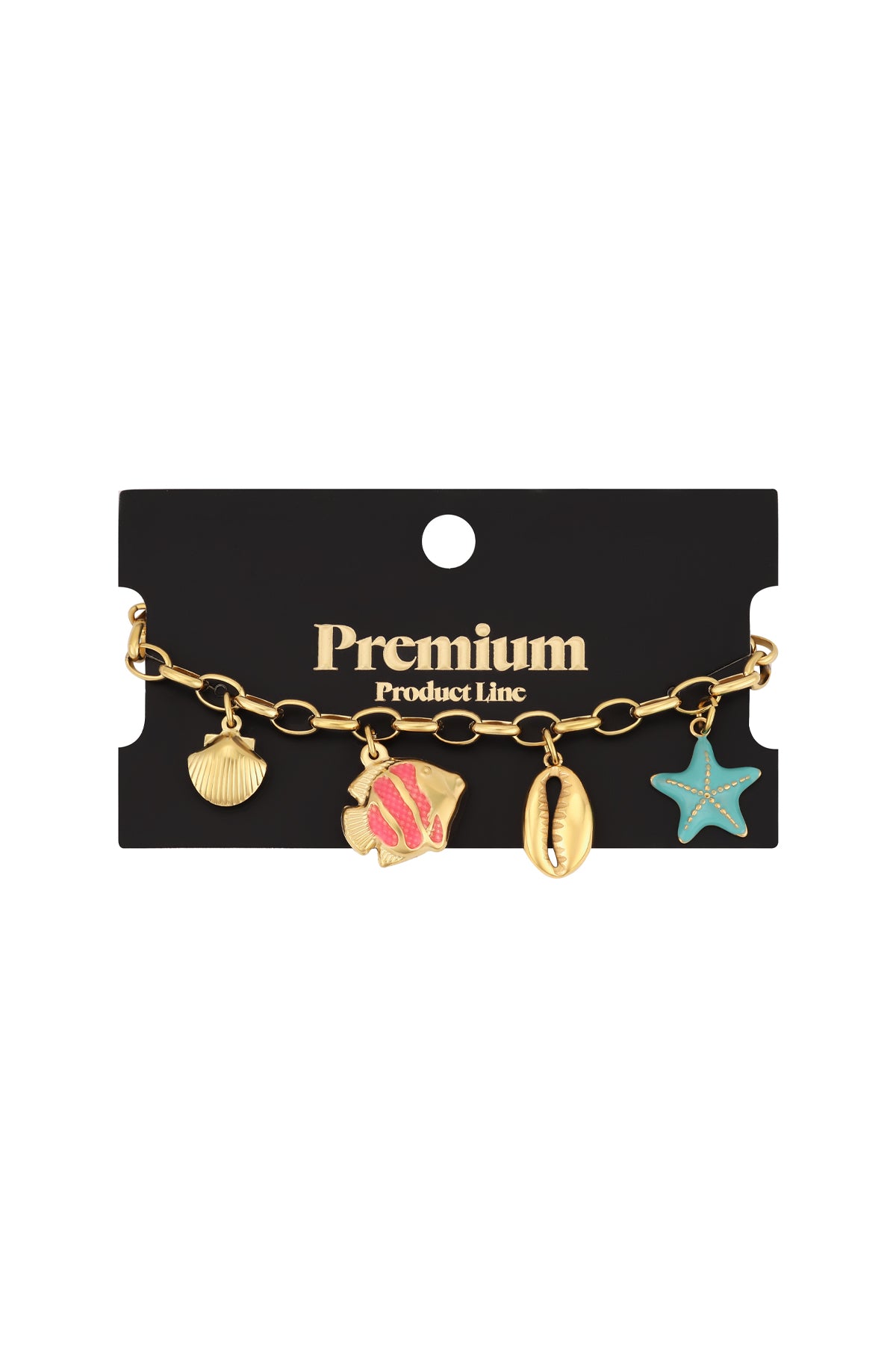 Charm bracelet attached to black Premium Product Line packaging, showcasing gold-tone sea-themed charms