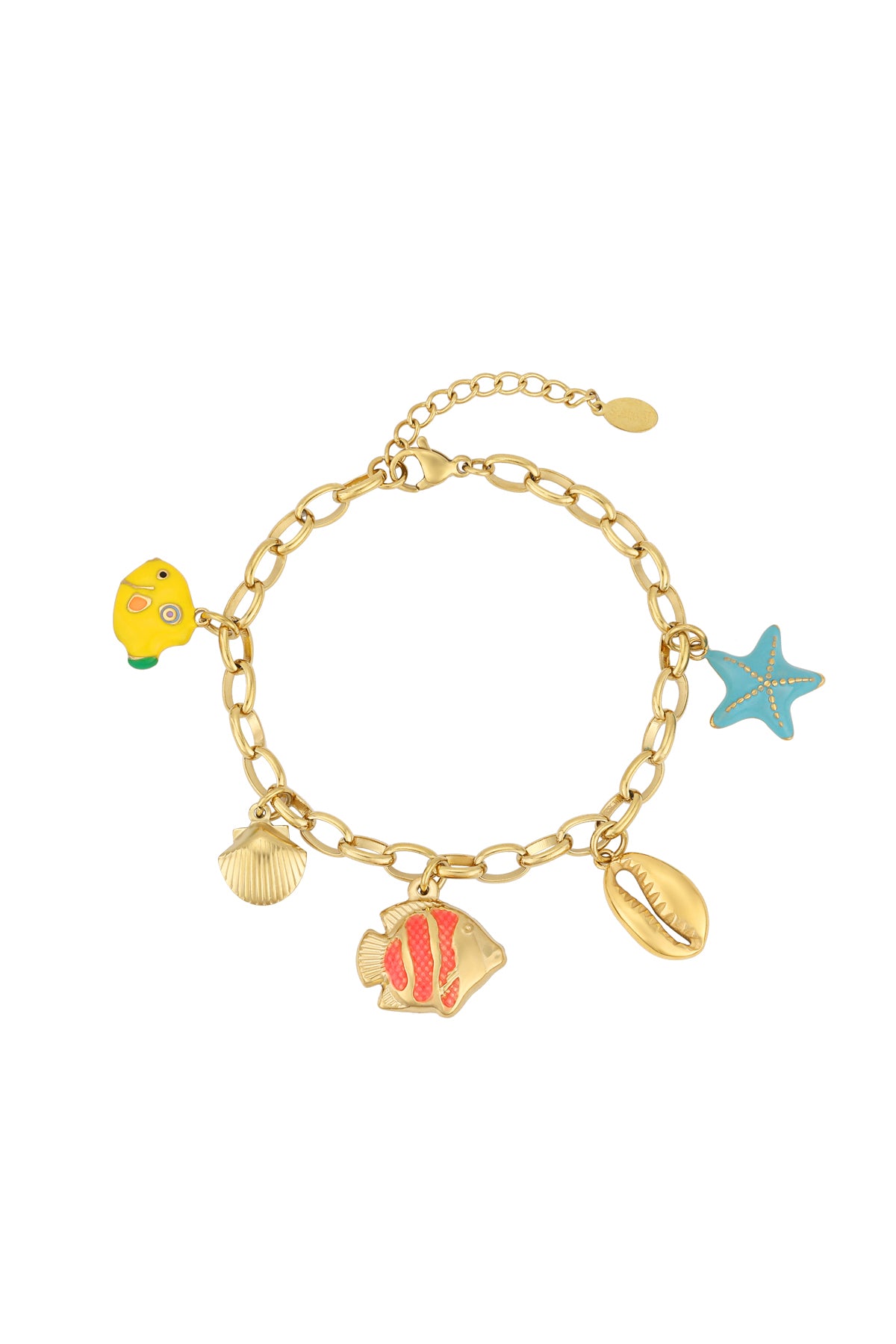 Gold-tone charm bracelet with ocean-themed charms including yellow tropical fish, orange-striped fish, starfish, shells, and cowrie shell on white background