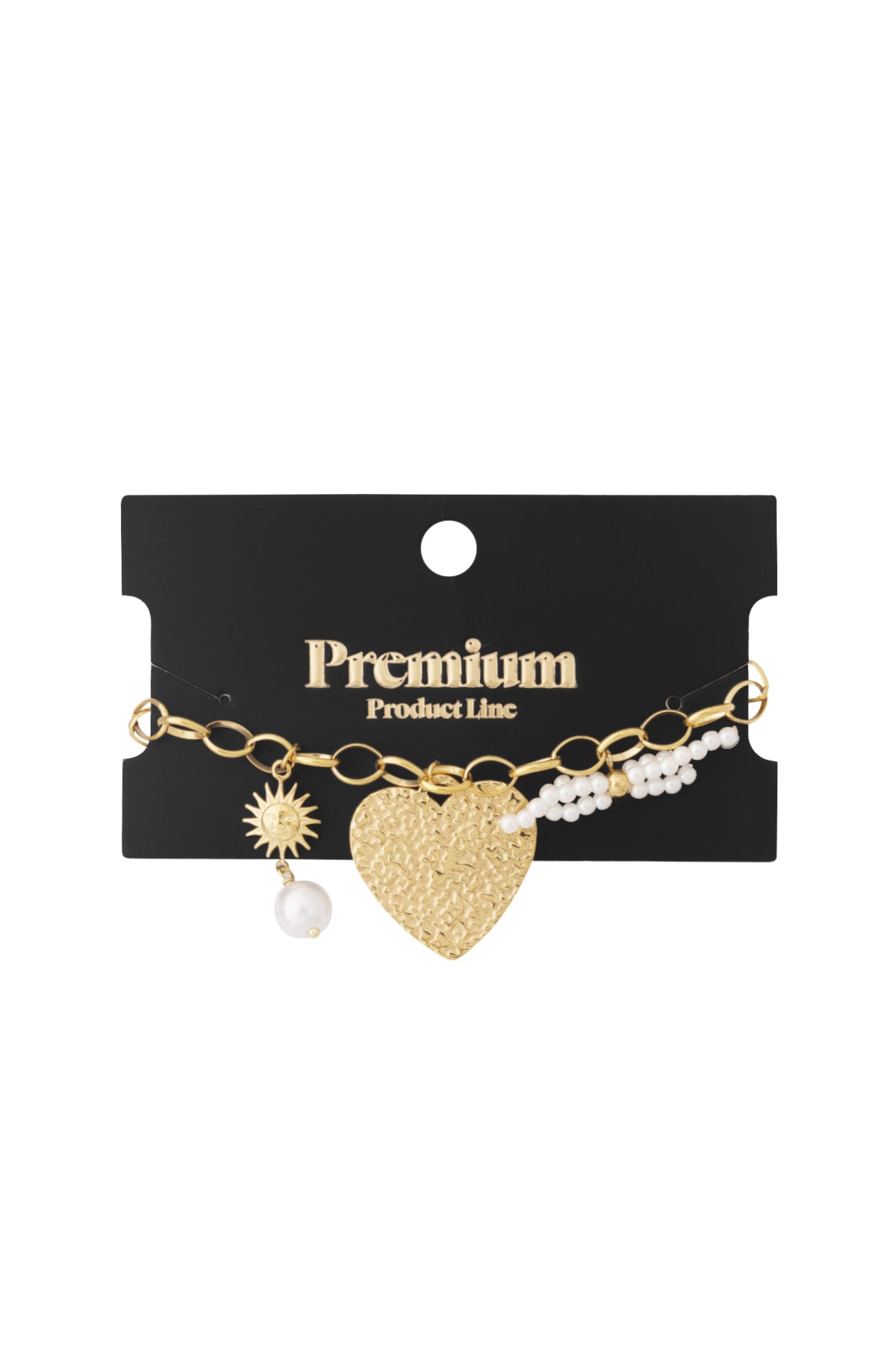 Gold-tone charm bracelet displayed on a black card labeled Premium Product Line, featuring heart, sun, and pearl charms
