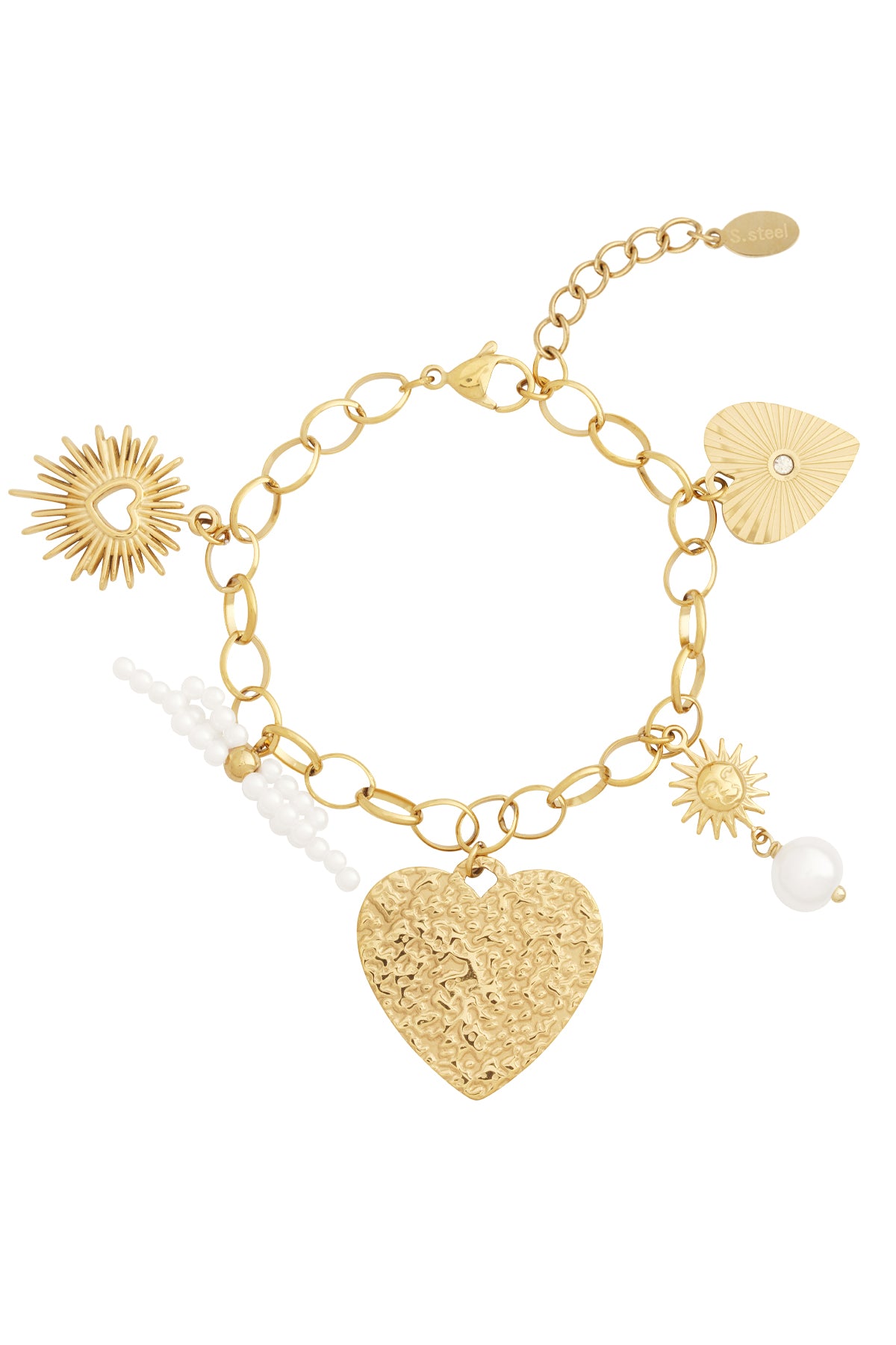 Gold-tone charm bracelet with heart pendant, sun motifs, faux pearl beads, and beaded bow charms on linked chain