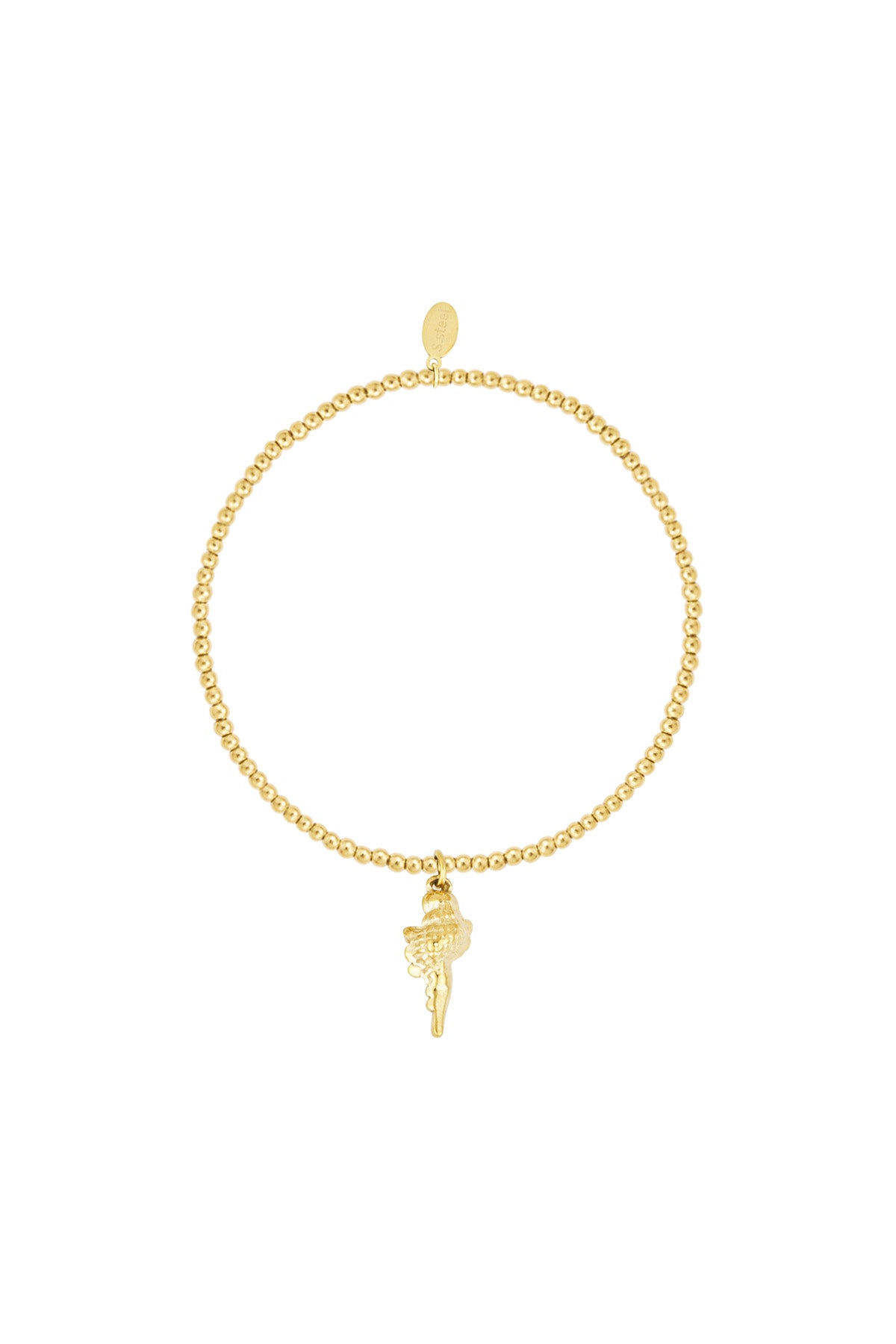 Close-up of a golden beaded bracelet featuring a small seashell charm on a white background