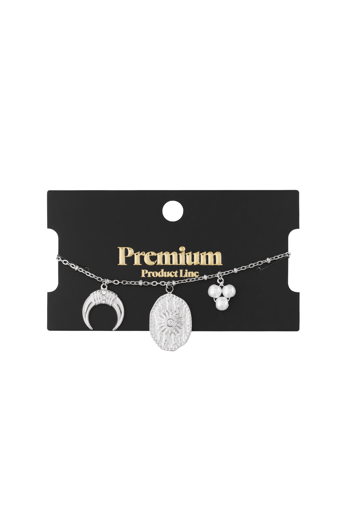 Silver-tone charm bracelet displayed on black Premium Product Line card