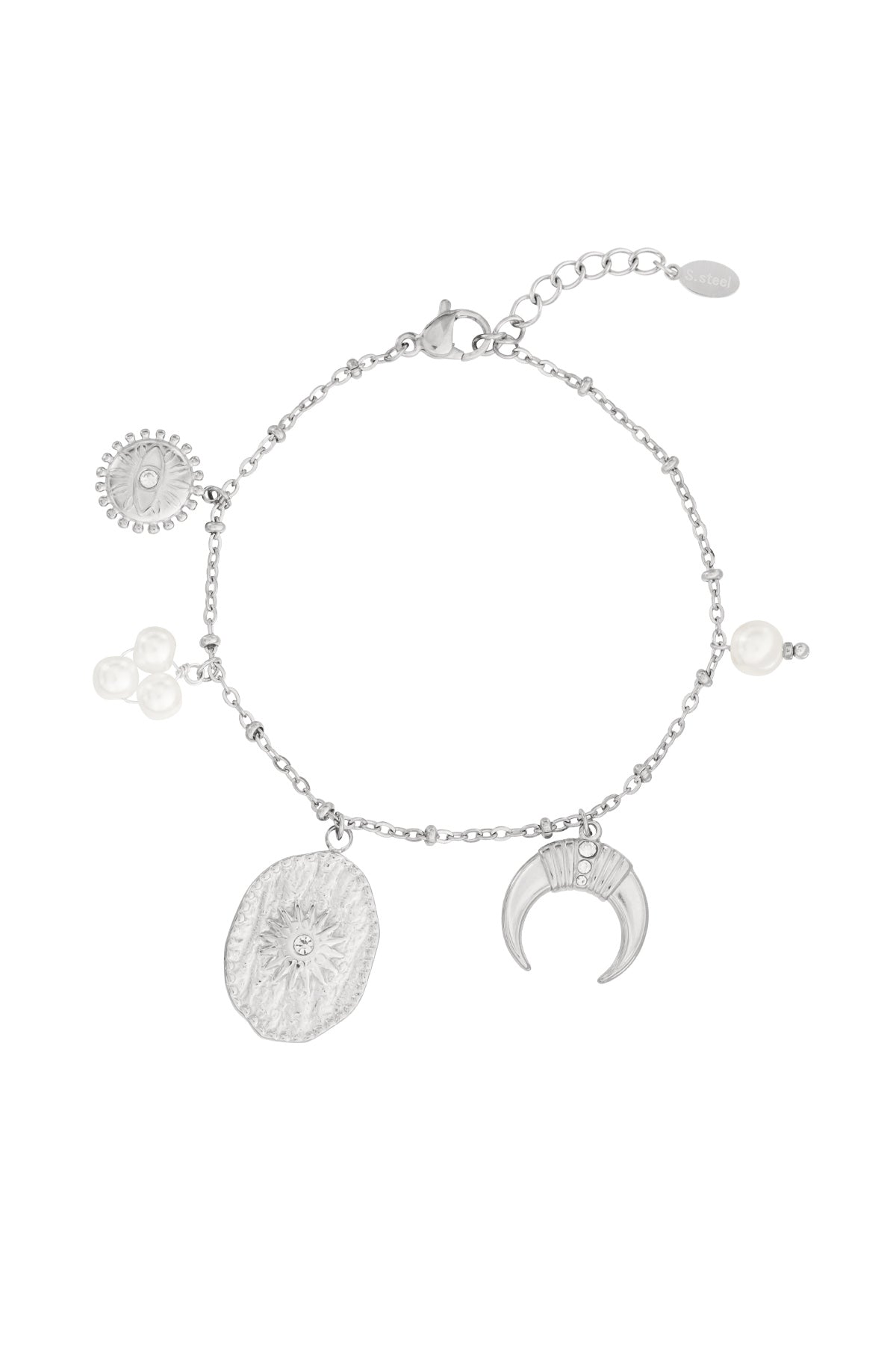 Silver charm bracelet featuring a crescent moon, sunburst medallion, evil eye, and pearl cluster on a delicate chain.