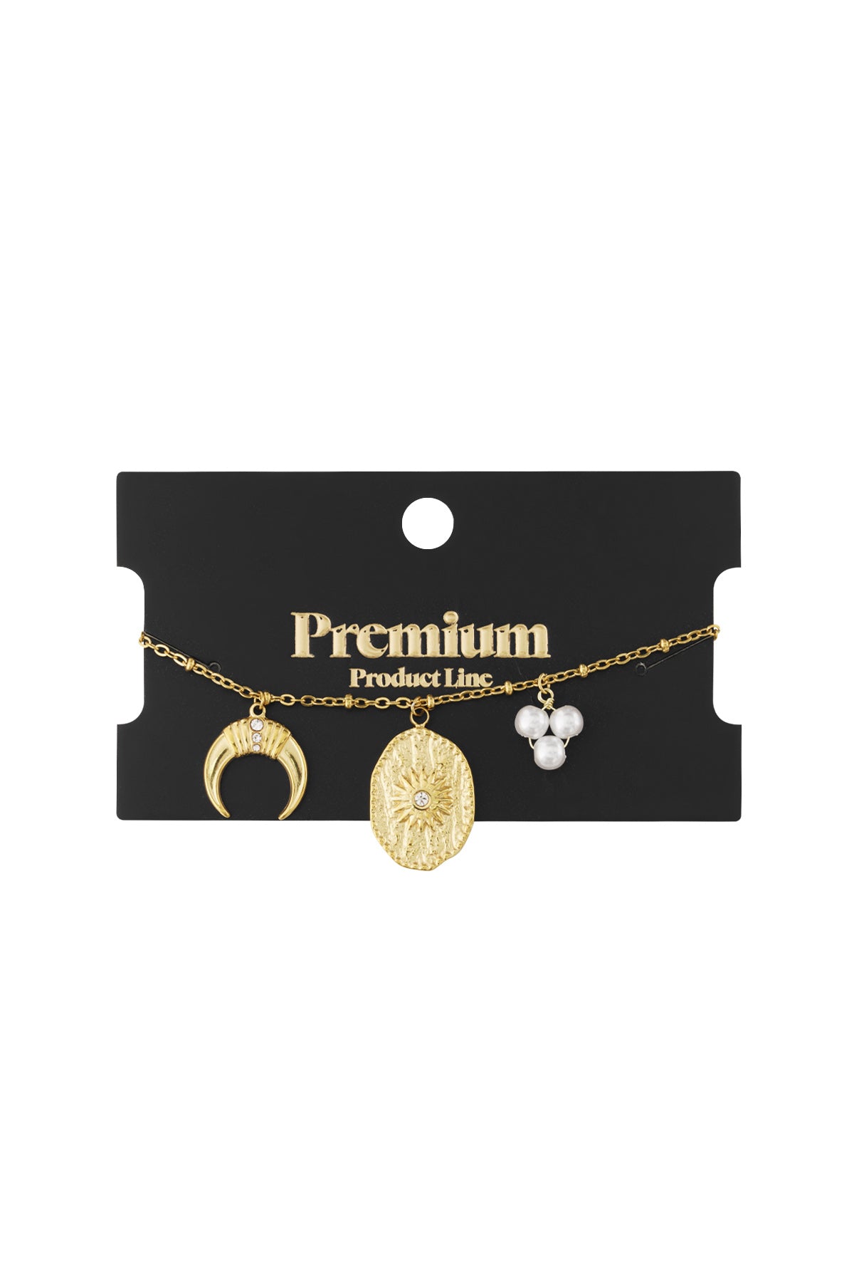 Gold-tone charm bracelet displayed on black Premium Product Line card