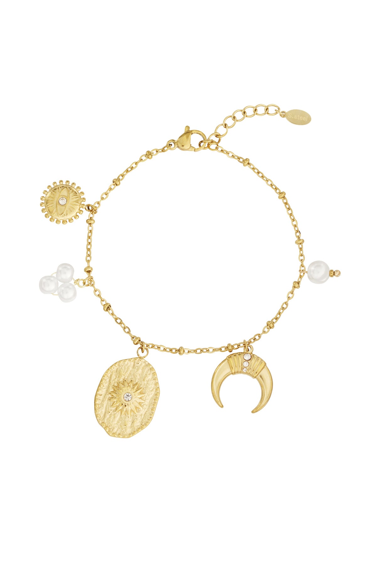 Gold-tone charm bracelet with crescent moon, sun medallions, and pearl cluster charms on white background