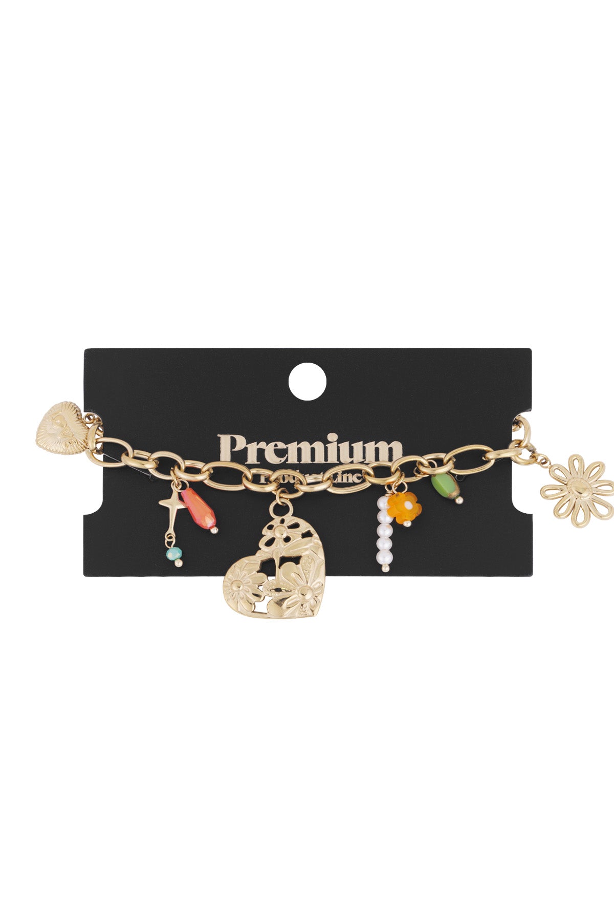 Gold charm link bracelet displayed on black branded card packaging labelled 'Premium', highlighting the assortment of floral and colourful charms