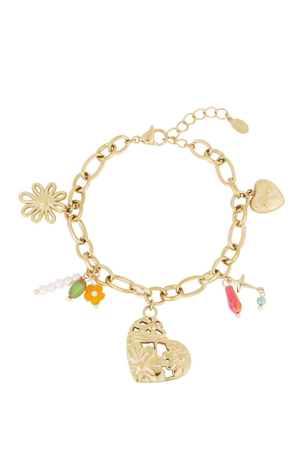 Gold-tone link bracelet with multiple charms including floral heart, daisy flower, star, and colourful beads laid flat on white background