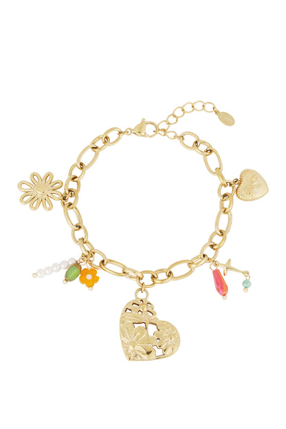 Gold-tone link bracelet with multiple charms including floral heart, daisy flower, star, and colourful beads laid flat on white background