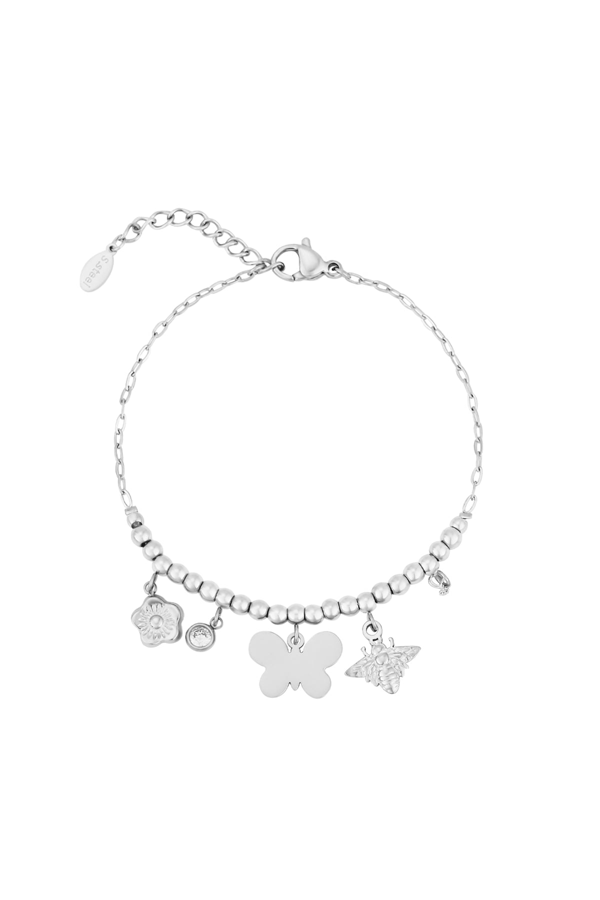 Silver-tone beaded charm bracelet with butterfly, bee, flower, crystal, and pearl charms displayed flat on white background