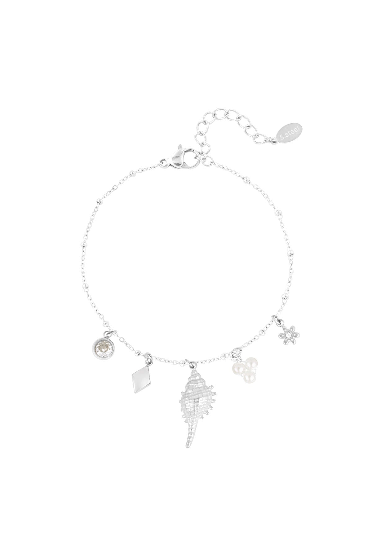 Silver-tone charm bracelet with the same assortment of crystal, rhombus, seashell, pearl cluster, and flower charms on a white background