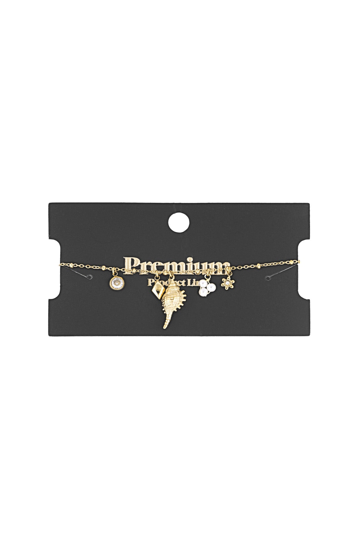Gold-tone charm bracelet displayed on a black card labelled 'Premium Product Line', showing all five unique charms