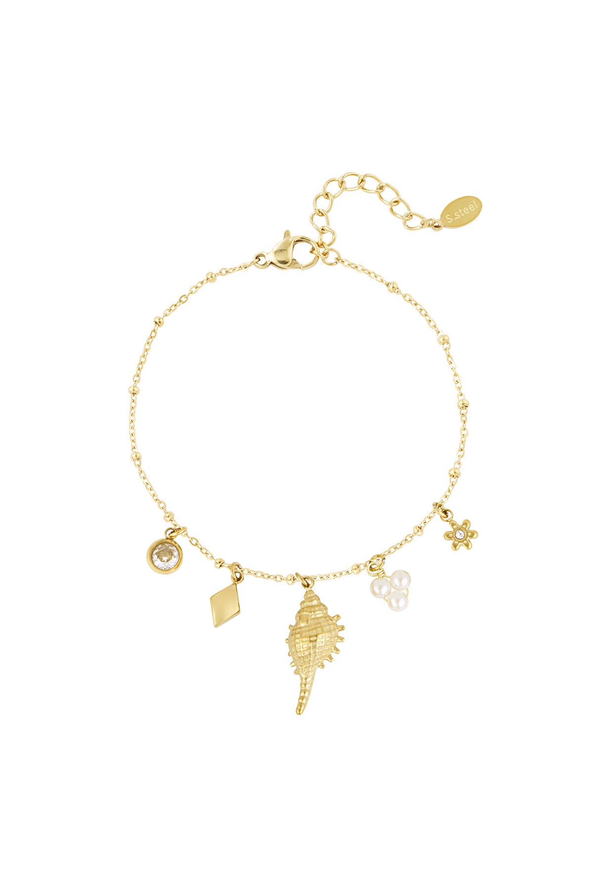 Gold-tone charm bracelet with crystal, rhombus, seashell, pearl, and flower charms on a white background