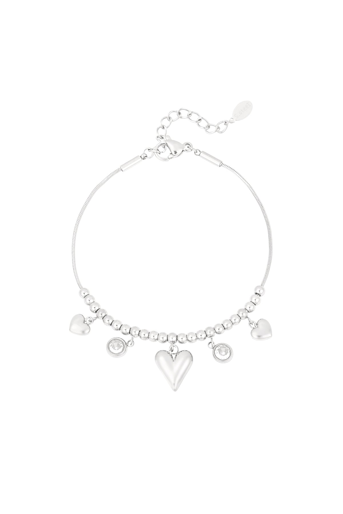 Silver heart bead bracelet with dangling heart charms and crystal accents on white background