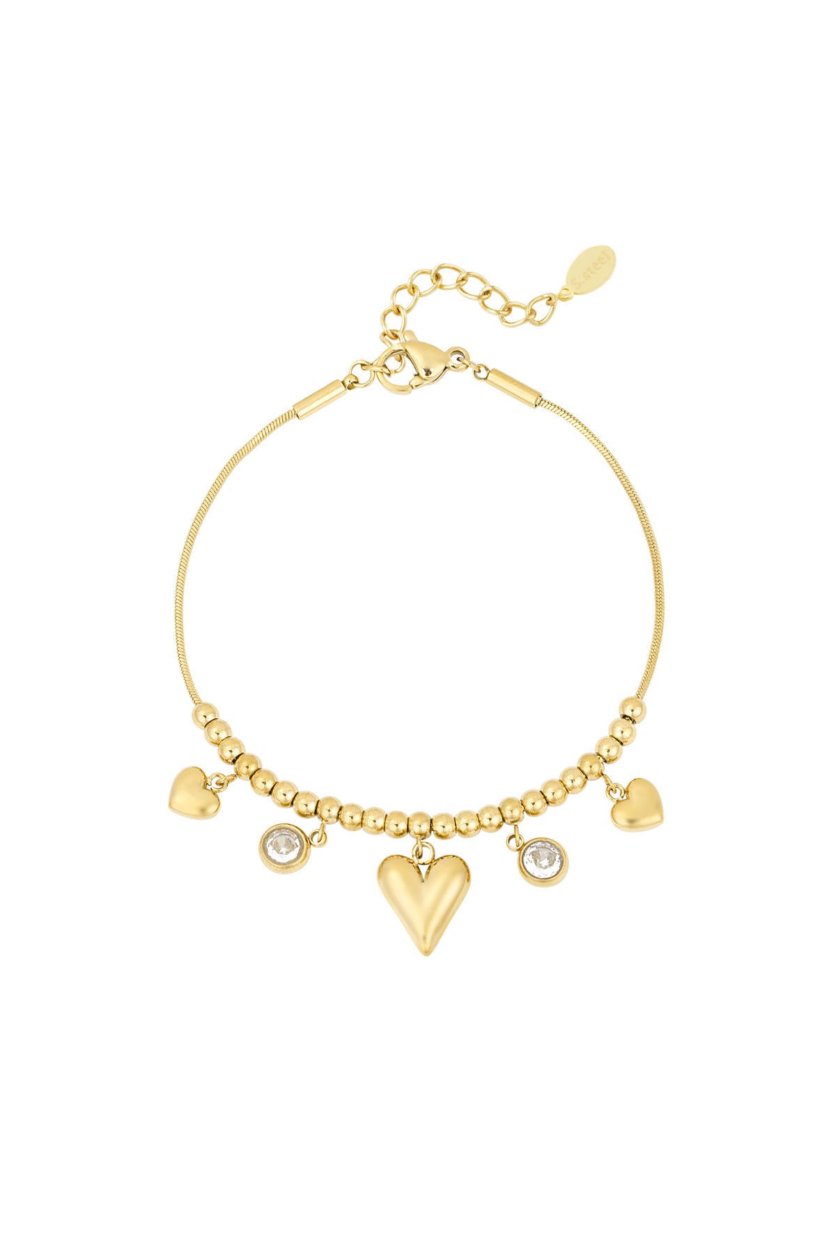 Gold heart bead bracelet with dangling heart charms and crystal accents on white background