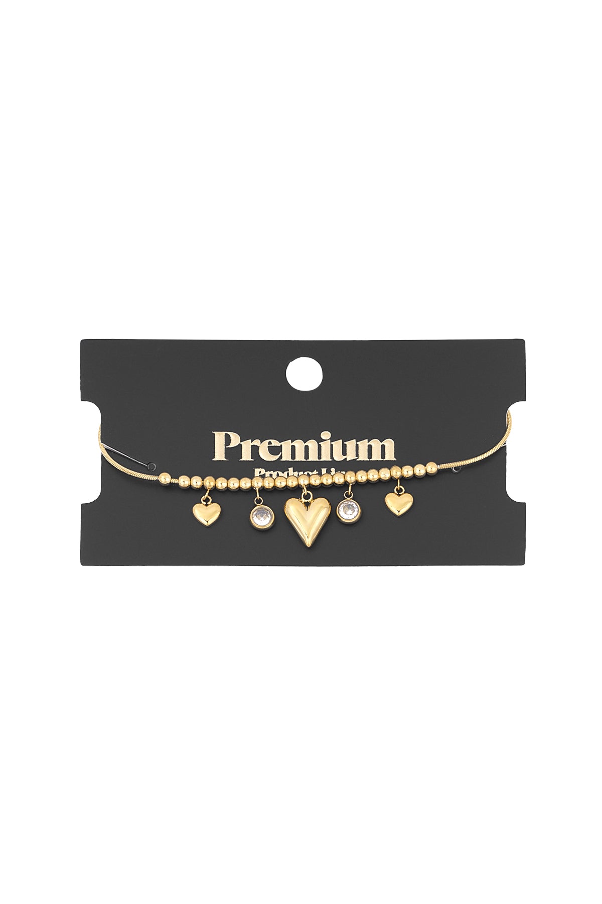 Gold heart bead bracelet displayed on black card packaging with Premium branding
