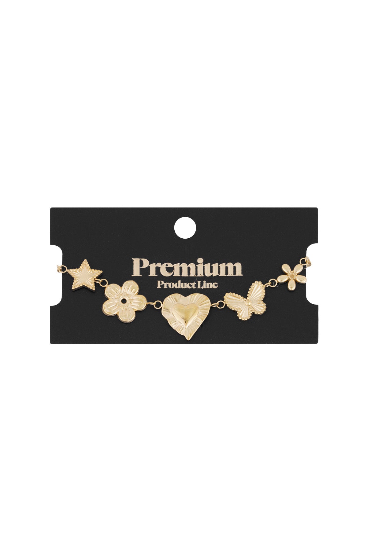 Gold charm bracelet displayed on a black card branded Premium Product Line