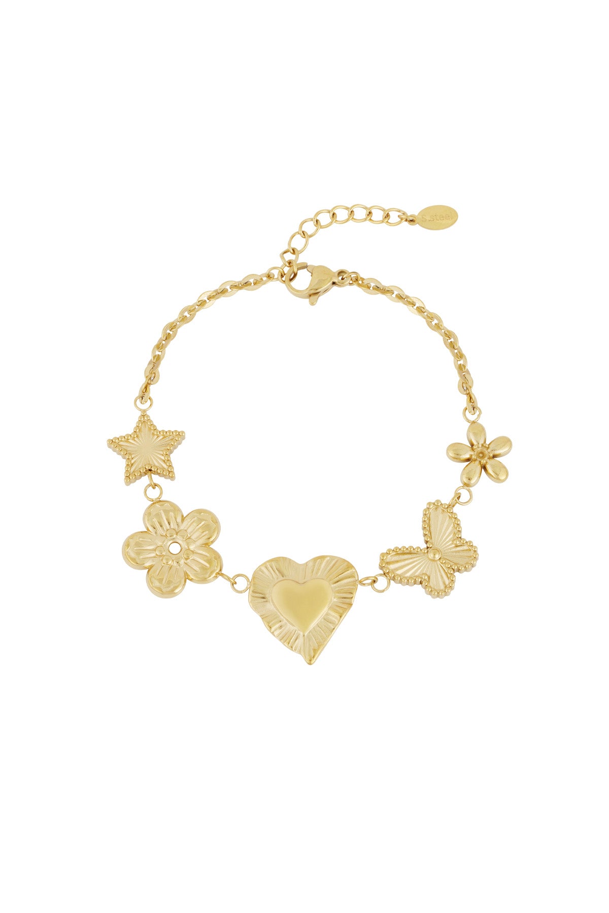 Gold charm bracelet with star, flower, heart, butterfly, and blossom motifs on white background